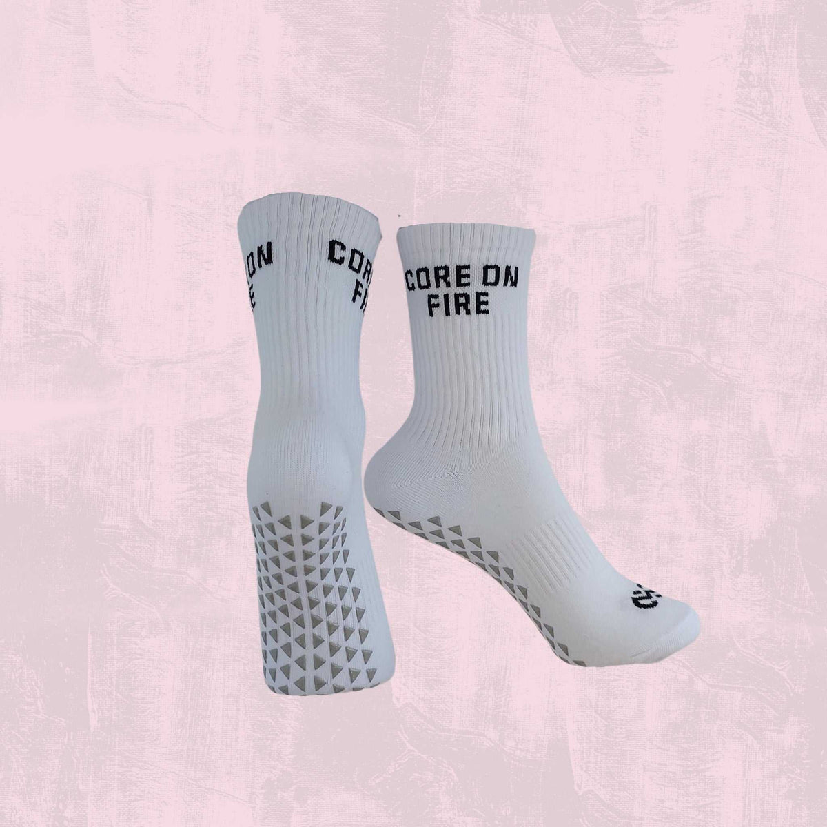 Close-up of women's grip crew socks with non-slip sole for yoga and Pilates studio style